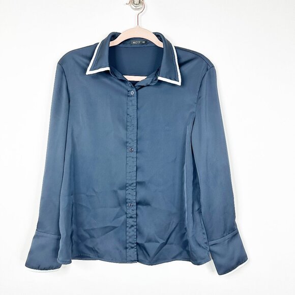 2/$30 MOTF Satin Contrasted Button-Down Shirt Deep Blue XS #BAG12 - Picture 3 of 7